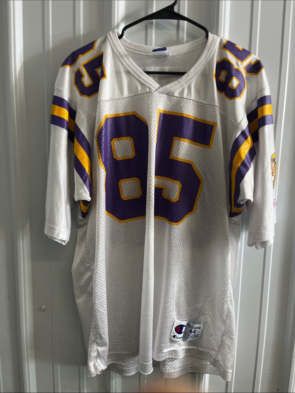 Champion White Football Jersey with Purple & Gold Number 85